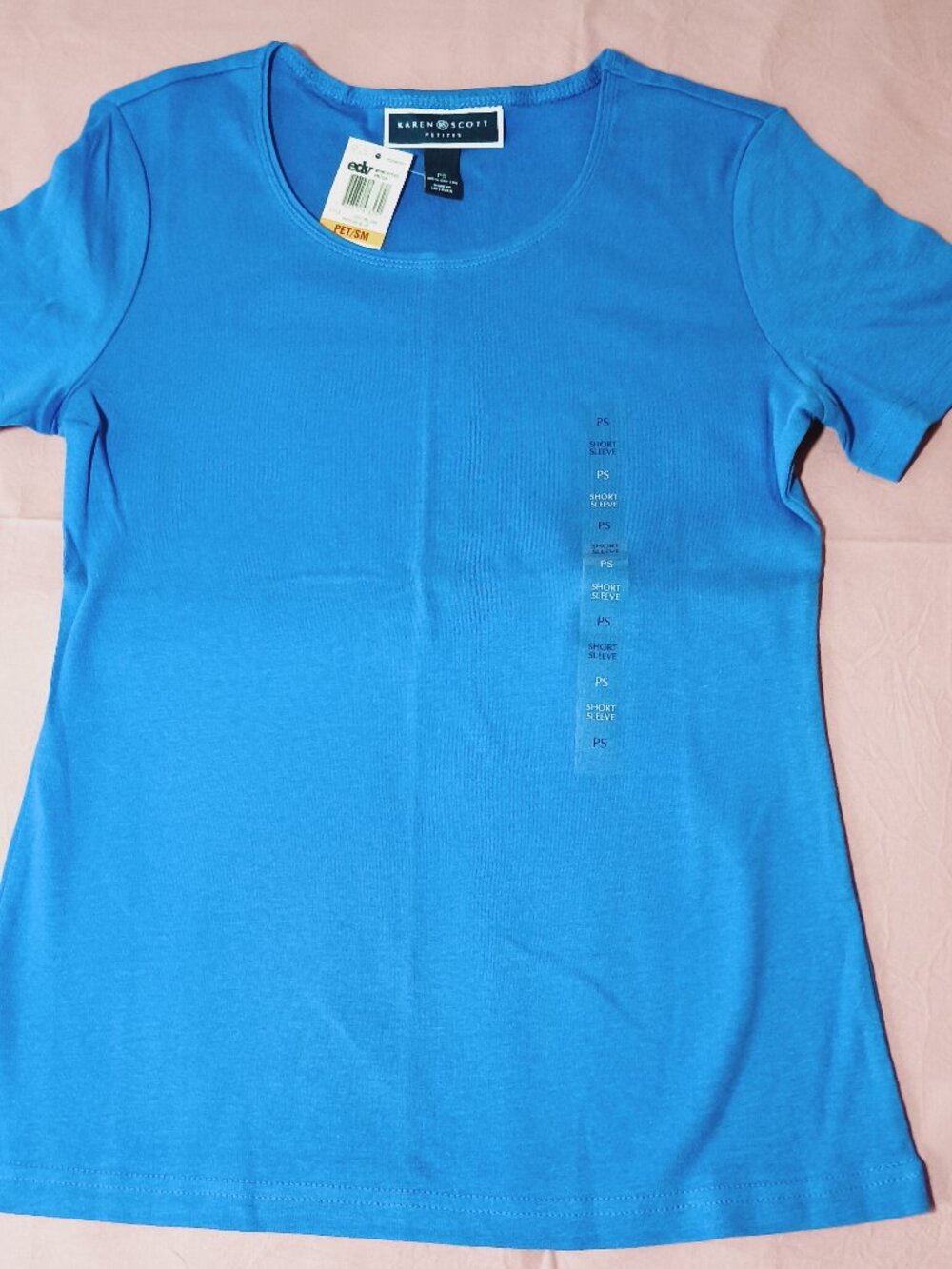 NWT Karen Scott Women T-Shirt Petite Small Blue 100%Cotton Round Neck Minimalist